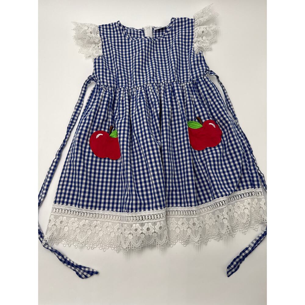 Sparkle In Pink Girls Gingham Dress 3X 8/9 Apple Applique Lace Trim